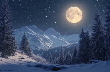 Wall Mural - A beautiful winter night in the mountains with a bright full moon and snowy landscape