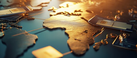 Canvas Print - A close-up of a map highlighting Africa, illuminated by warm light, suggesting themes of exploration and connectivity.