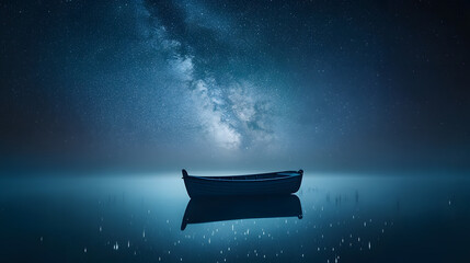 Milky Way Night Boat: A lone boat sits serenely on a still lake, bathed in the ethereal glow of the Milky Way, a cosmic canvas of stars stretching across the night sky.