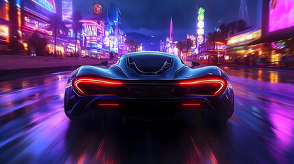 Sticker - A sleek sports car illuminated by neon lights in a vibrant cityscape.