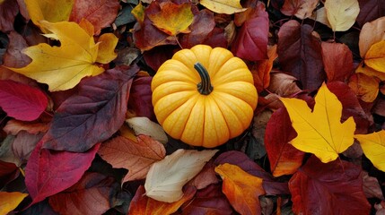 Canvas Print - Autumn pumpkin surrounded by colorful fallen leaves flat lay