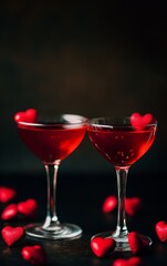 Two elegant cocktails with raspberry and strawberry garnishes on a wooden table at night