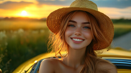 Canvas Print - A smiling woman in a straw hat at sunset near a car.