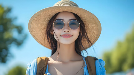 Canvas Print - A smiling woman in a sun hat and sunglasses outdoors.