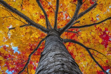 Vibrant autumn foliage viewed from the base of a tree on a clear sunny day in the park