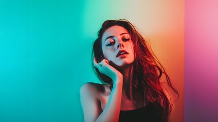 Wall Mural - A young woman with red hair poses against a colorful background.