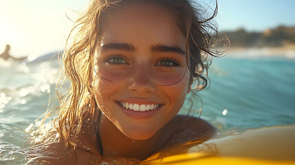 Canvas Print - A smiling young woman enjoying the ocean waves while swimming.