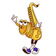 © setory - Groovy saxophone cartoon character whistling melody. Funny retro gold wind instrument walking with funky face. Jazz party, music mascot, cartoon saxophone sticker of 70s 80s style vector illustration