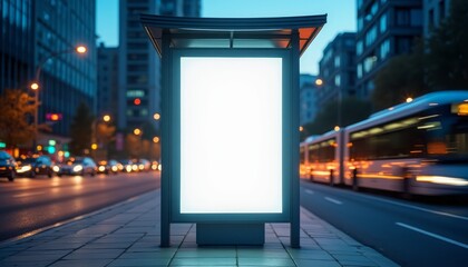 an empty bus stop with a blank billboard illuminated by surrounding city lights in the evening. the 