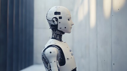 A humanoid robot stands in a sterile, white environment, its blank expression reflecting the complexities of artificial intelligence.