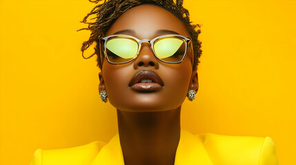 Poster - A stylish individual in yellow attire and sunglasses against a bright background.