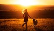© blackdiamond67 - Pretty young girl silhouette happily running with dog outdoors in fields on sunset