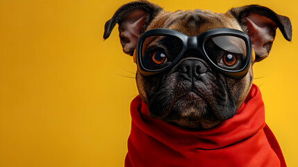 Poster - A stylish pug wearing glasses and a red scarf against a yellow background.