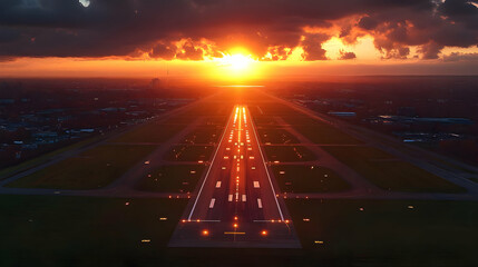 Poster - A sunset view over an airport runway illuminated by lights.