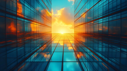 Poster - A sunset viewed between glass buildings, reflecting vibrant colors.