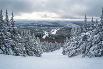 Wall Mural - Snow-covered winter landscape with tall trees and distant mountains under a cloudy sky