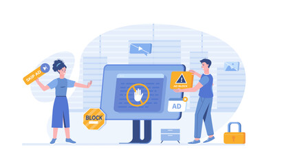 Wall Mural - Ad Blocking. No advertising, anti spam protection, without ads concept. Website Adblock software, skip button. Vector illustration with characters in flat design for web banner.