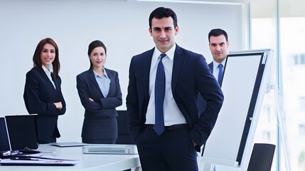 Poster - Confident businessman leads a team in a modern office setting.