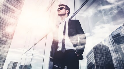 Canvas Print - A businessman in a suit and sunglasses stands in front of a city skyline.