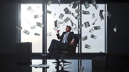 Wall Mural - Successful businessman celebrates with money raining down on him.