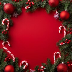 Holiday decorations with candy canes and ornaments on a bright red background