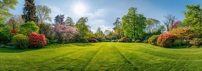 Beautiful large garden in spring featuring rhododendrons, colorful flowers, trees, and shrubs against a sunny blue sky, showcasing a lush green lawn for planting.