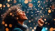 © ZpongXED - A joyful woman laughs amidst falling sparkles, radiating happiness and celebrating life's moments of magic and delight.