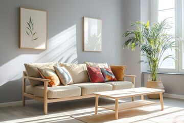 A modern japandi interior photo of a minimalist, fluffy sofa and pastel-toned cushion in a living room. Generative AI
