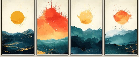 Sticker - Abstract Mountainous Landscape with Sun