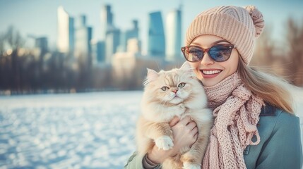 A joyful woman in winter attire smiles while holding a fluffy cat in a snowy urban landscape with city buildings in the background.