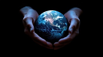 Poster - Hands Holding a Glowing Earth in Dark Background