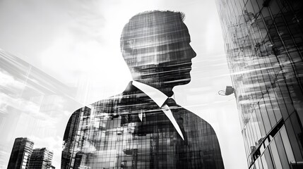 Sticker - Silhouette of a man in a suit, overlaid with cityscapes.