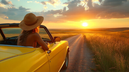 Poster - A woman enjoys a sunset view from a vintage yellow car.