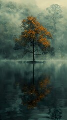 Sticker - Autumn Tree Reflection in a Foggy Lake