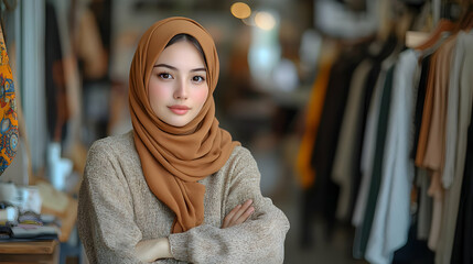 Sticker - A woman in a hijab poses confidently in a stylish boutique.