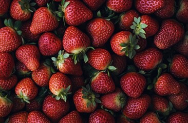 Freshly harvested strawberries arranged in abundance on a market display in summer season