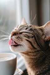 Wall Mural - A cat enjoying a moment by a cup, evoking a cozy and relaxed atmosphere.