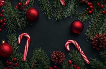 festive holiday decorations with pine branches, red ornaments, and candy canes on a dark background