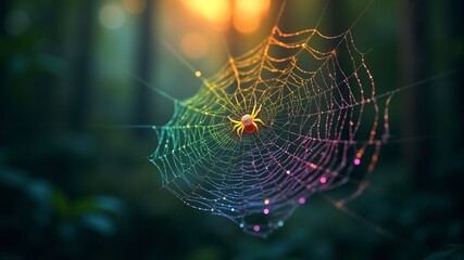 spider web with colorful water drops on it and a colorful background.