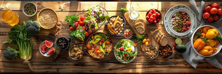 Poster - The table displays colorful, healthy foods like fresh fruits, vibrant veggies, nuts, and delicious meals in natural light. Generative AI