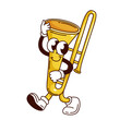© setory - Groovy trombone cartoon character walking. Funny retro gold wind musical instrument with cute smile on face. Jazz music mascot, cartoon brass trombone sticker of 70s 80s style vector illustration