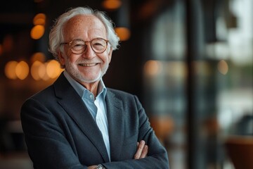 Warm and smiling elderly CEO in focus, standing confidently in a suit, with a soft blur of corporate boardroom setting behind him