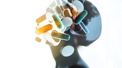 A double exposure of a woman's silhouette and pills, suggesting a concept of health and well-being.