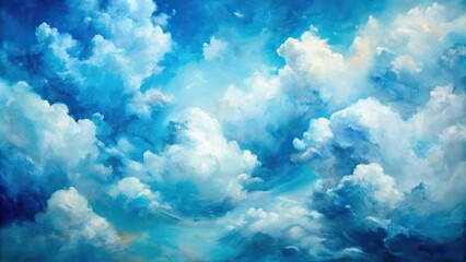 Abstract painting of blue sky filled with white clouds, close-up