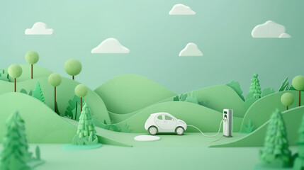 paper-cut style illustration of a white electric car charging at a station in a green landscape. The scene features rolling hills, stylized trees, and clouds, eco-friendly atmosphere.