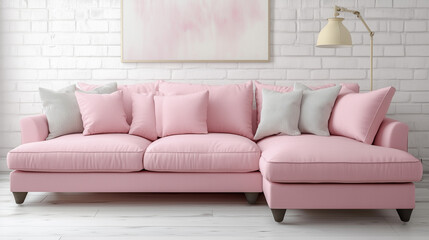 A soft pink sofa with pillows, minimalist and stylish