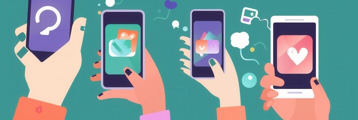 Aufkleber - Multiple hands are holding smartphones that display various open social media applications, illustrating digital interaction and connection. Generative AI