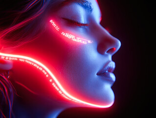 A futuristic depiction of a face adorned with neon lights and digital embellishments, exuding a sense of modern techno-artistry.