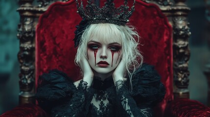 Sticker - Dressed in elaborate gothic fashion, a young woman with dramatic makeup rests her chin on her hands while seated on an ornate throne, exuding an eerie yet captivating presence