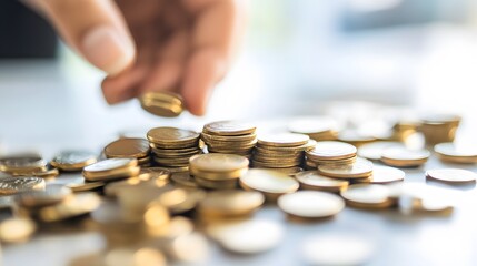 A hand places a gold coin on top of a stack of coins, symbolizing financial growth.